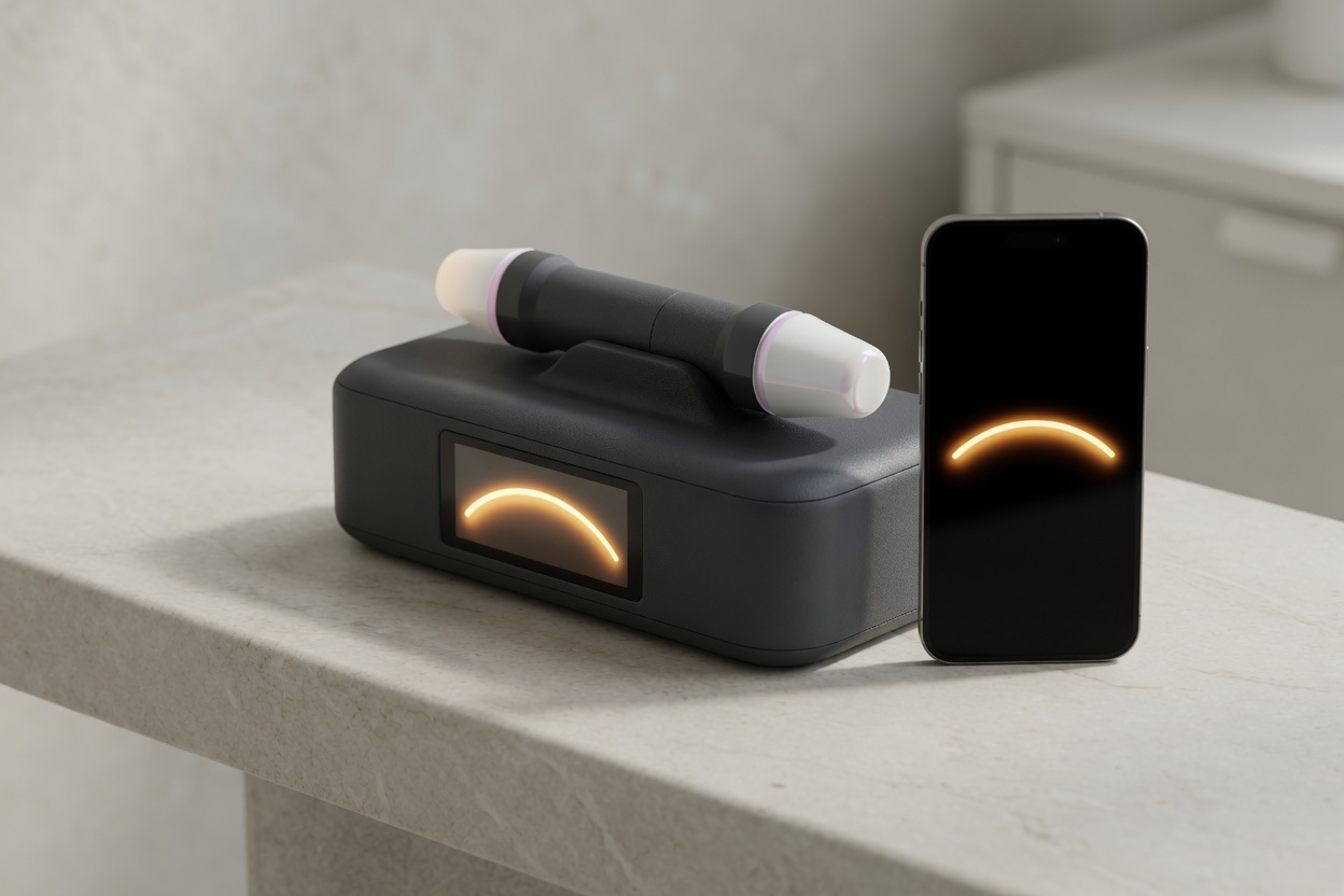 3D concept of the unit beside a phone showing the same status arc