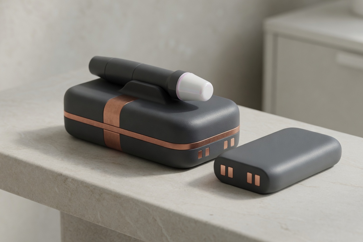 3D concept of the unit with an external battery pack beside it